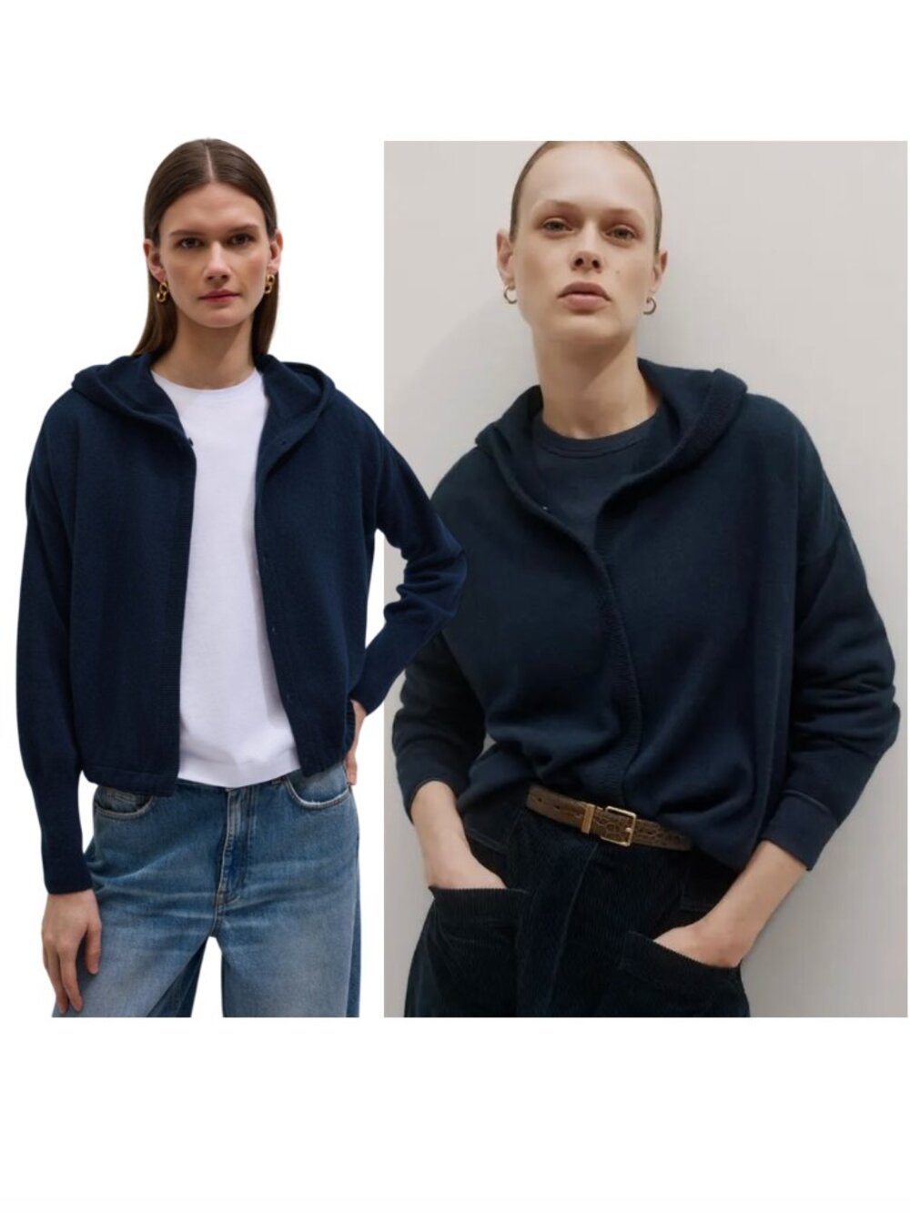 ME + EM Cashmere cropped Box Hoodie sweater sz XS/S navy drawstring hem